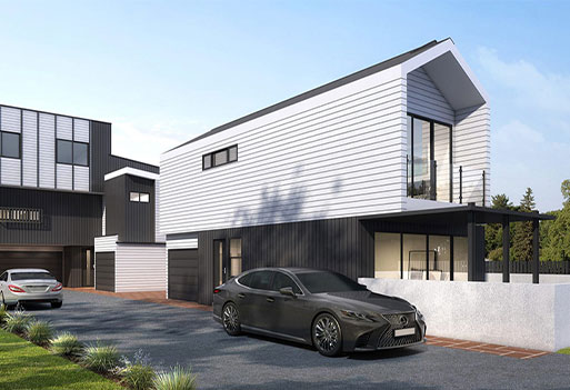 A nice modern white house with a black car in front